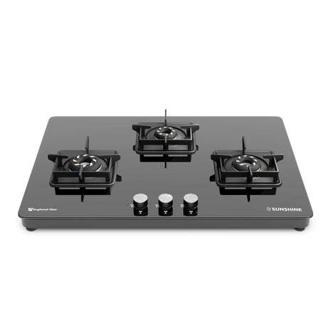 Sunshine Magnite 3 Burner | Slimmest 3 Burner Glass Gas Stove | Hob Top Cooktop | Tempered Glass, 360° Rotating Brass Gas Nozzle | Manual Ignition | LPG Ready & PNG Compatible (Premium - Black) 