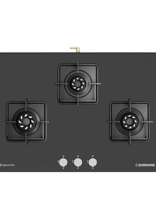 Sunshine Magnite 3 Burner | Slimmest 3 Burner Glass Gas Stove | Hob Top Cooktop | Tempered Glass, 360° Rotating Brass Gas Nozzle | Manual Ignition | LPG Ready & PNG Compatible (Premium - Black) 