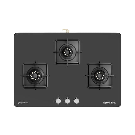 Sunshine Magnite 3 Burner | Slimmest 3 Burner Glass Gas Stove | Hob Top Cooktop | Tempered Glass, 360° Rotating Brass Gas Nozzle | Manual Ignition | LPG Ready & PNG Compatible (Premium - Black) 
