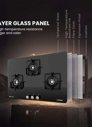 Sunshine Magnite 3 Burner | Slimmest 3 Burner Glass Gas Stove | Hob Top Cooktop | Tempered Glass, 360° Rotating Brass Gas Nozzle | Manual Ignition | LPG Ready & PNG Compatible (Premium - Black) 