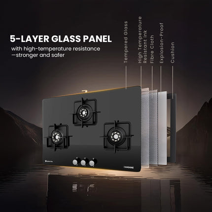 Sunshine Magnite 3 Burner | Slimmest 3 Burner Glass Gas Stove | Hob Top Cooktop | Tempered Glass, 360° Rotating Brass Gas Nozzle | Manual Ignition | LPG Ready & PNG Compatible (Premium - Black) 