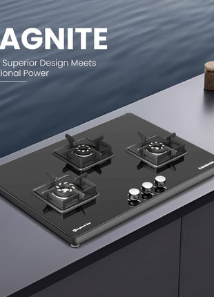 Sunshine Magnite 3 Burner | Slimmest 3 Burner Glass Gas Stove | Hob Top Cooktop | Tempered Glass, 360° Rotating Brass Gas Nozzle | Manual Ignition | LPG Ready & PNG Compatible (Premium - Black) 