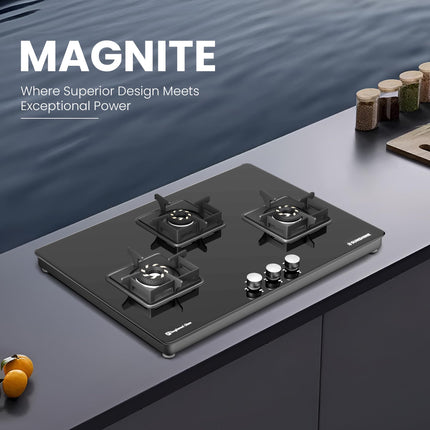 Sunshine Magnite 3 Burner | Slimmest 3 Burner Glass Gas Stove | Hob Top Cooktop | Tempered Glass, 360° Rotating Brass Gas Nozzle | Manual Ignition | LPG Ready & PNG Compatible (Premium - Black) 