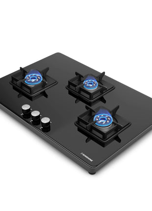 Sunshine Magnite 3 Burner | Slimmest 3 Burner Glass Gas Stove | Hob Top Cooktop | Tempered Glass, 360° Rotating Brass Gas Nozzle | Manual Ignition | LPG Ready & PNG Compatible (Premium - Black) 