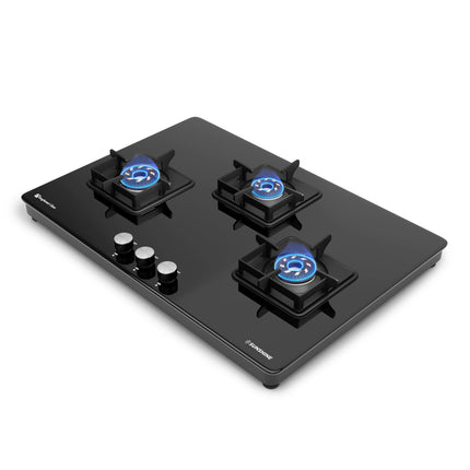 Sunshine Magnite 3 Burner | Slimmest 3 Burner Glass Gas Stove | Hob Top Cooktop | Tempered Glass, 360° Rotating Brass Gas Nozzle | Manual Ignition | LPG Ready & PNG Compatible (Premium - Black) 