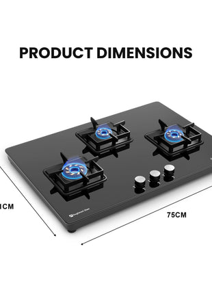 Sunshine Magnite 3 Burner | Slimmest 3 Burner Glass Gas Stove | Hob Top Cooktop | Tempered Glass, 360° Rotating Brass Gas Nozzle | Manual Ignition | LPG Ready & PNG Compatible (Premium - Black) 