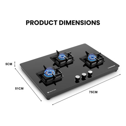 Sunshine Magnite 3 Burner | Slimmest 3 Burner Glass Gas Stove | Hob Top Cooktop | Tempered Glass, 360° Rotating Brass Gas Nozzle | Manual Ignition | LPG Ready & PNG Compatible (Premium - Black) 