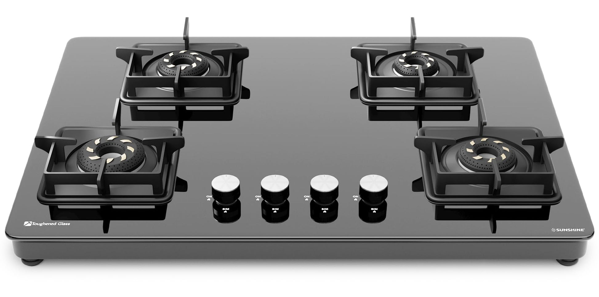 Sunshine Magnite Gas Stove | 4 Burner Glass Hob Top Cooktop | Warranty By Sunshine - 5 Year On Glass & Burner And 10 Year On Valve, Manual Ignition, SABAF, LPG Ready & PNG Compatible (Premium - Black) 