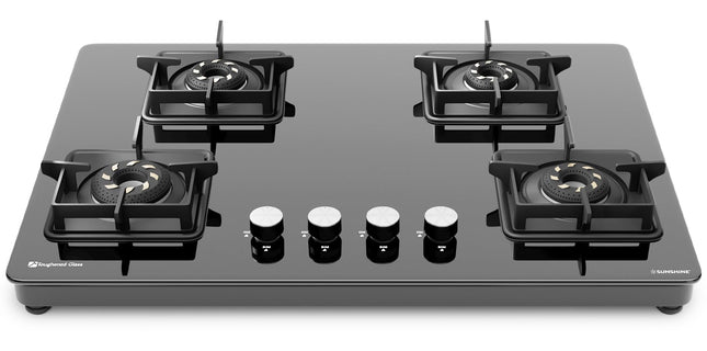 Sunshine Magnite Gas Stove | 4 Burner Glass Hob Top Cooktop | Warranty By Sunshine - 5 Year On Glass & Burner And 10 Year On Valve, Manual Ignition, SABAF, LPG Ready & PNG Compatible (Premium - Black) 
