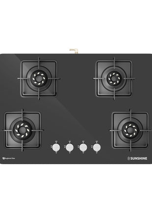 Sunshine Magnite Gas Stove | 4 Burner Glass Hob Top Cooktop | Warranty By Sunshine - 5 Year On Glass & Burner And 10 Year On Valve, Manual Ignition, SABAF, LPG Ready & PNG Compatible (Premium - Black) 