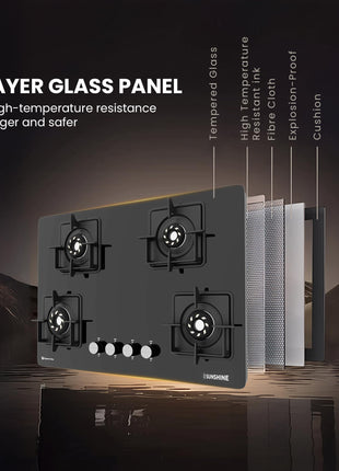 Sunshine Magnite Gas Stove | 4 Burner Glass Hob Top Cooktop | Warranty By Sunshine - 5 Year On Glass & Burner And 10 Year On Valve, Manual Ignition, SABAF, LPG Ready & PNG Compatible (Premium - Black) 