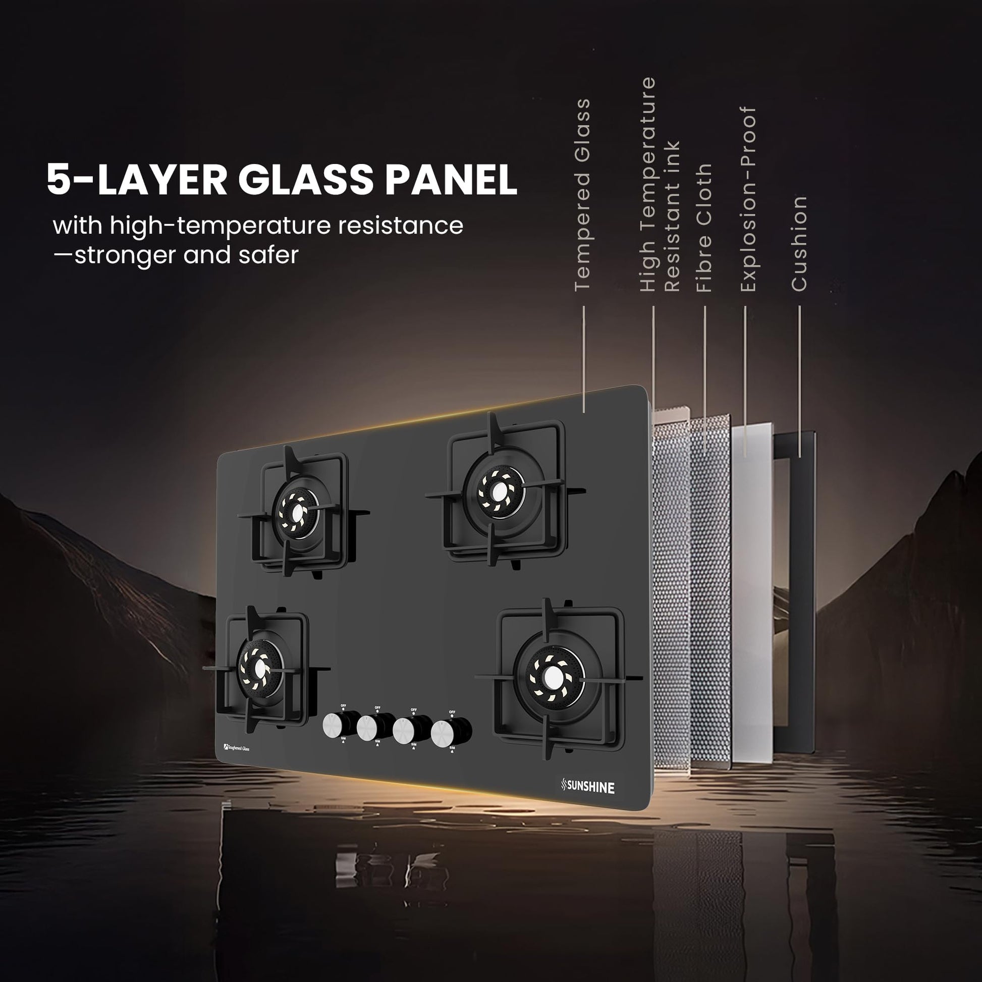 Sunshine Magnite Gas Stove | 4 Burner Glass Hob Top Cooktop | Warranty By Sunshine - 5 Year On Glass & Burner And 10 Year On Valve, Manual Ignition, SABAF, LPG Ready & PNG Compatible (Premium - Black) 