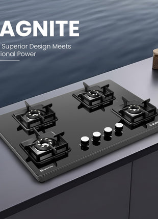 Sunshine Magnite Gas Stove | 4 Burner Glass Hob Top Cooktop | Warranty By Sunshine - 5 Year On Glass & Burner And 10 Year On Valve, Manual Ignition, SABAF, LPG Ready & PNG Compatible (Premium - Black) 