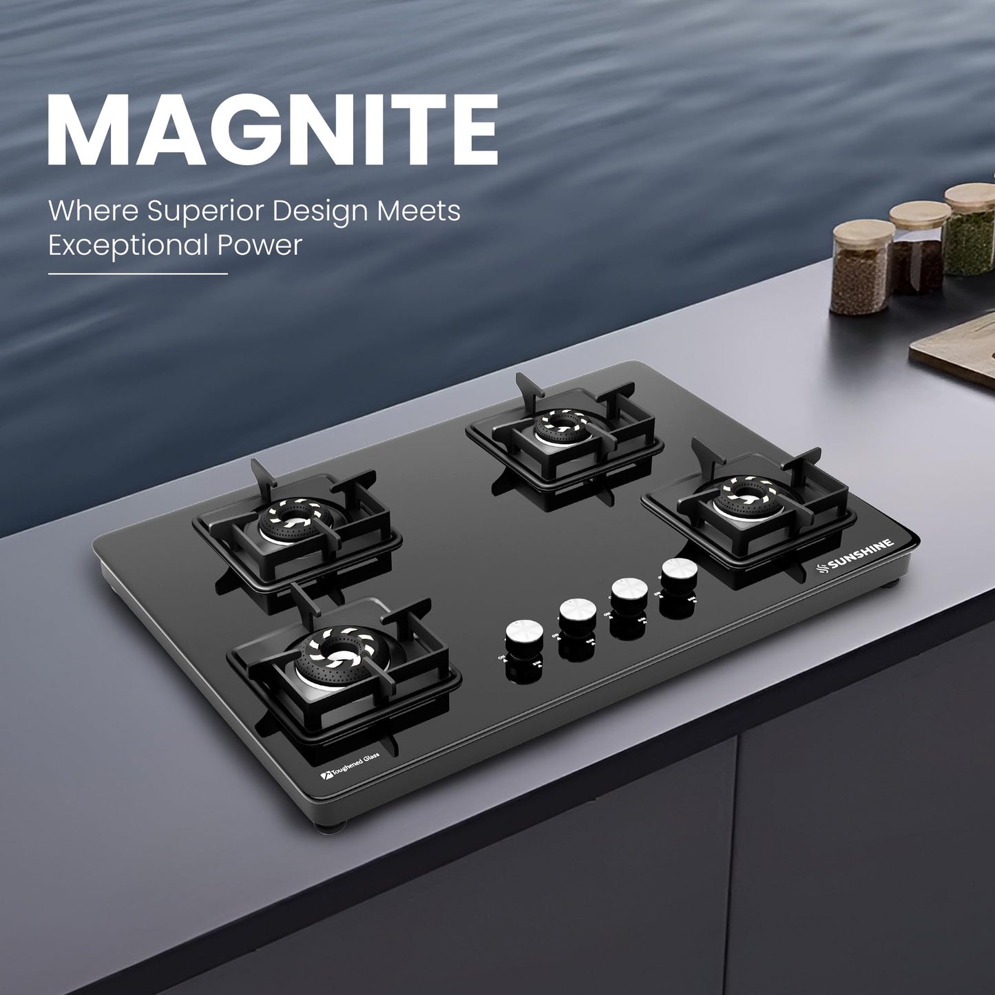 Sunshine Magnite Gas Stove | 4 Burner Glass Hob Top Cooktop | Warranty By Sunshine - 5 Year On Glass & Burner And 10 Year On Valve, Manual Ignition, SABAF, LPG Ready & PNG Compatible (Premium - Black) 