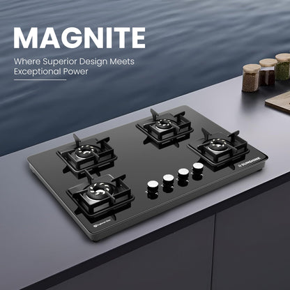 Sunshine Magnite Gas Stove | 4 Burner Glass Hob Top Cooktop | Warranty By Sunshine - 5 Year On Glass & Burner And 10 Year On Valve, Manual Ignition, SABAF, LPG Ready & PNG Compatible (Premium - Black) 
