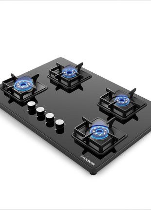 Sunshine Magnite Gas Stove | 4 Burner Glass Hob Top Cooktop | Warranty By Sunshine - 5 Year On Glass & Burner And 10 Year On Valve, Manual Ignition, SABAF, LPG Ready & PNG Compatible (Premium - Black) 