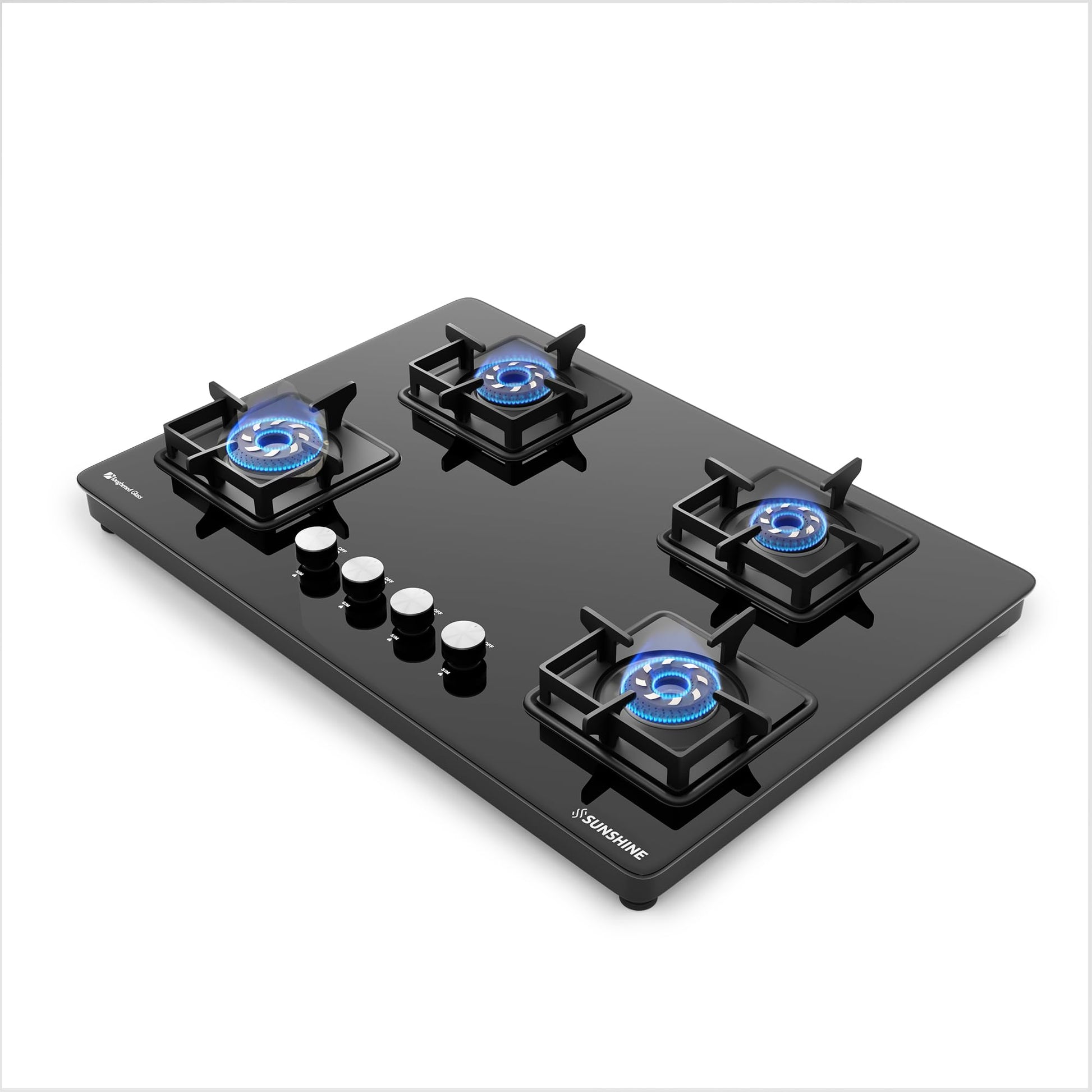 Sunshine Magnite Gas Stove | 4 Burner Glass Hob Top Cooktop | Warranty By Sunshine - 5 Year On Glass & Burner And 10 Year On Valve, Manual Ignition, SABAF, LPG Ready & PNG Compatible (Premium - Black) 