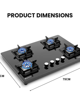 Sunshine Magnite Gas Stove | 4 Burner Glass Hob Top Cooktop | Warranty By Sunshine - 5 Year On Glass & Burner And 10 Year On Valve, Manual Ignition, SABAF, LPG Ready & PNG Compatible (Premium - Black) 
