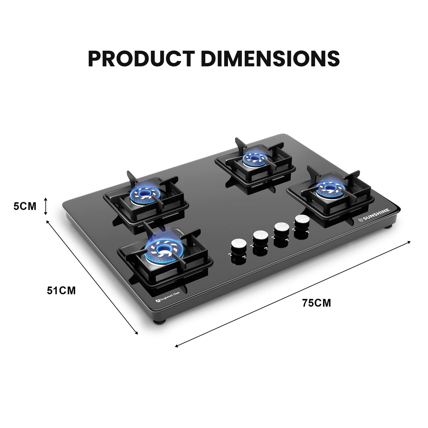 Sunshine Magnite Gas Stove | 4 Burner Glass Hob Top Cooktop | Warranty By Sunshine - 5 Year On Glass & Burner And 10 Year On Valve, Manual Ignition, SABAF, LPG Ready & PNG Compatible (Premium - Black) 