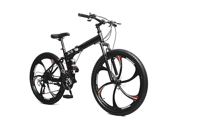 Sunspeed BMV X6 Foldable Cruiser Bicycle | 26-Inch Black Bike with 21-Speed Gears, Dual Disc Brakes, Hydraulic Suspension, and Strong Carbon Steel Frame | Great for City Rides and Off-Road Adventures 