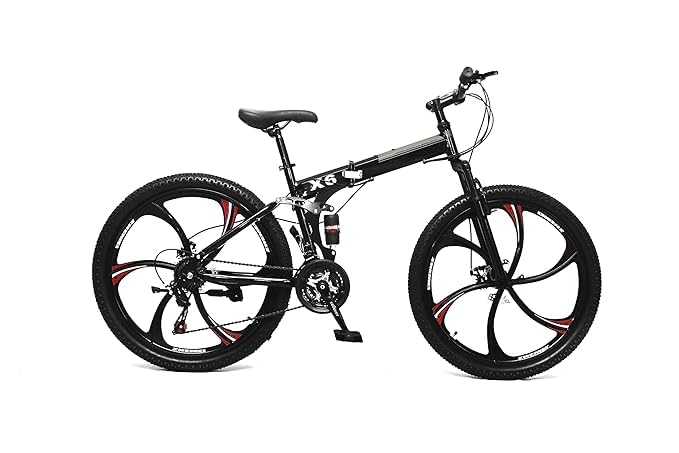 Sunspeed BMV X6 Foldable Cruiser Bicycle | 26-Inch Black Bike with 21-Speed Gears, Dual Disc Brakes, Hydraulic Suspension, and Strong Carbon Steel Frame | Great for City Rides and Off-Road Adventures 