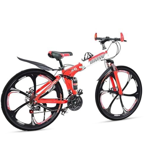 Sunspeed BMV X6 Foldable Cruiser Unisex Bicycle | 26-Inch Red Bike with 21-Speed Gears,Dual Disc Brakes,Hydraulic Suspension,and Strong Carbon Steel Frame | Great for City Rides & Off-Road Adventures 