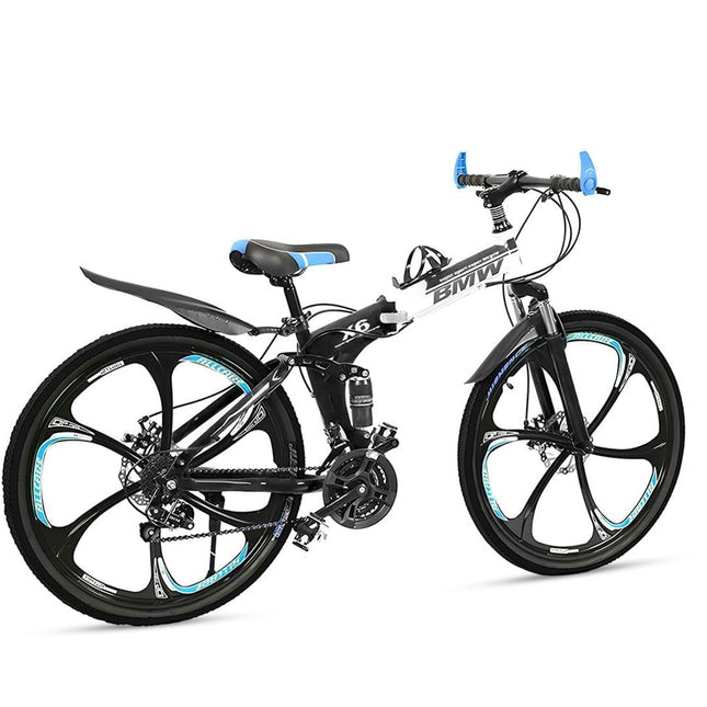 Sunspeed Men Skyride BMV X6 Foldable Cruiser Bicycle| Black Bike with 21-Speed Gears, Dual Disc Brakes, Hydraulic Suspension and Strong Carbon Steel Frame|Great for City Rides, 26 inch 