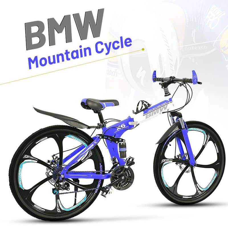 Sunspeed Skyride BMV X6 Blue Foldable Bicycle - 21 Speed Gear, Dual Disc Brake, Carbon Frame Suspension, 26-Inch Wheel Size for Men, Folding bike 