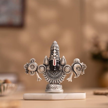 Svastika Lord Balaji Face Idol | 4 Inch Silver Plated Venkateswara Face Murti | Home Temple Decor | Spiritual Table Showpiece | Gift for Devotees and for Car Dashboard 