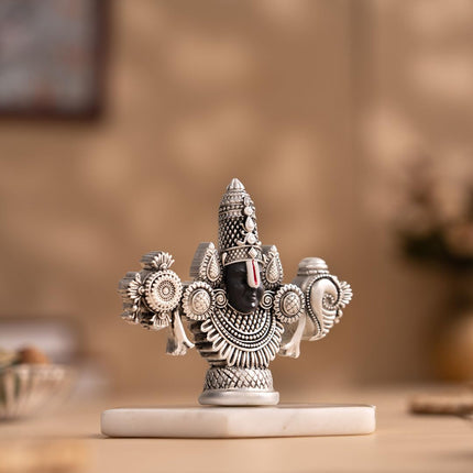 Svastika Lord Balaji Face Idol | 4 Inch Silver Plated Venkateswara Face Murti | Home Temple Decor | Spiritual Table Showpiece | Gift for Devotees and for Car Dashboard 