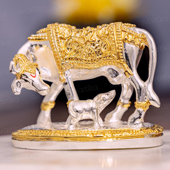 Svastika Vastu Kamdhenu Cow with Calf Idol | 24K Gold & 999 Silver Plated | Excellent Vastu Correction Remedy for Financial Problems | Wedding & Housewarming Gift 
