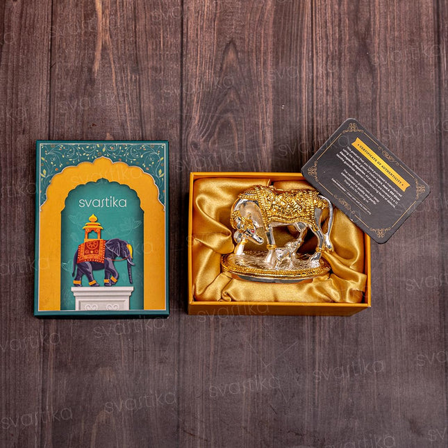 Svastika Vastu Kamdhenu Cow with Calf Idol | 24K Gold & 999 Silver Plated | Excellent Vastu Correction Remedy for Financial Problems | Wedding & Housewarming Gift 