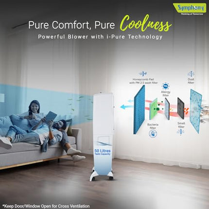 Symphony Diet 50T Portable Air Cooler For Home with Powerful Blower, Honeycomb Pads, i-Pure Technology and Cool Flow Dispenser (50L, White) 