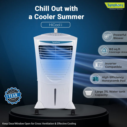 Symphony Hicool i Personal Air Cooler for Home with Remote with Honeycomb Pad, Powerful Blower, i-Pure Technology and Low Power Consumption (31L, White) 
