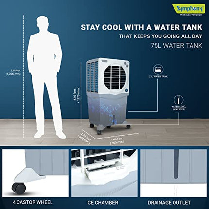 Symphony Jumbo 75 XL+ Desert Air Cooler for Home with Honeycomb Pads, Powerful Fan, and Cool Flow Dispenser (75L, White) 