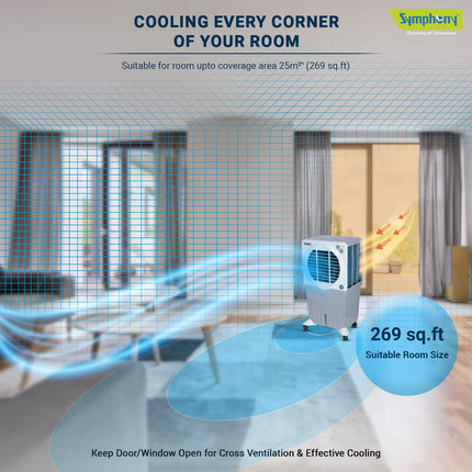 Symphony Jumbo 75 XL+ Desert Air Cooler for Home with Honeycomb Pads, Powerful Fan, and Cool Flow Dispenser (75L, White) 