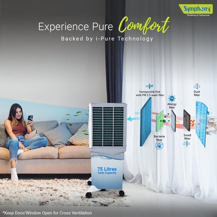 Symphony Jumbo 75 XL+ Desert Air Cooler for Home with Honeycomb Pads, Powerful Fan, and Cool Flow Dispenser (75L, White) 