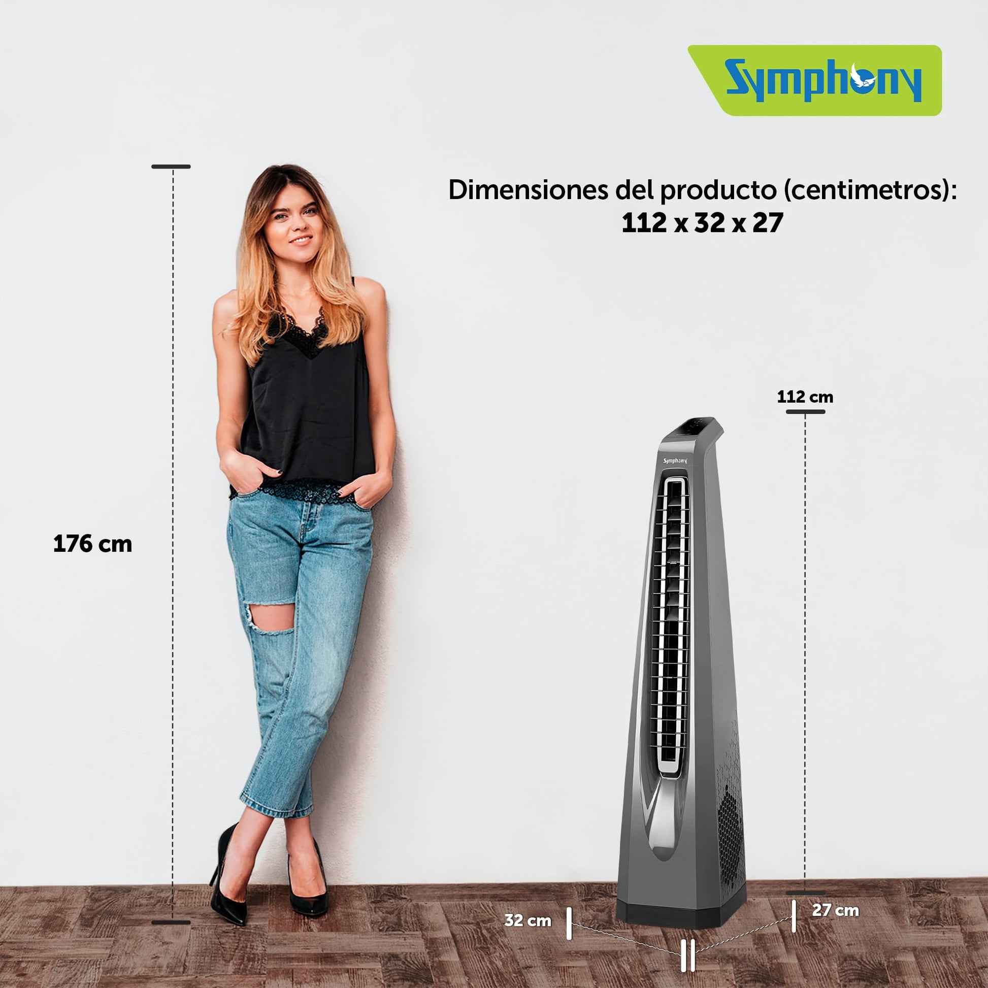 Symphony Surround-i High Speed Bladeless Technology Tower Fan for Home With Touchscreen Control Panel, Remote, and Swivel Action (White) 