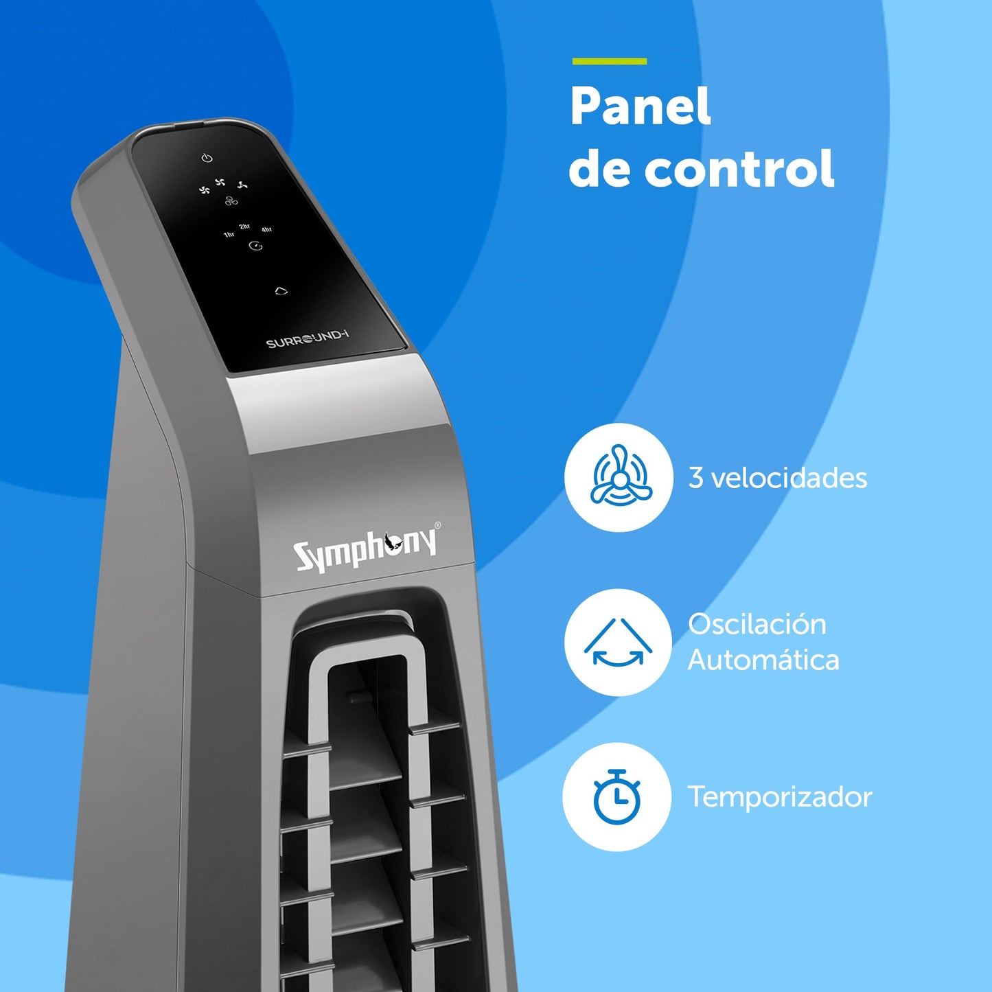 Symphony Surround-i High Speed Bladeless Technology Tower Fan for Home With Touchscreen Control Panel, Remote, and Swivel Action (White) 