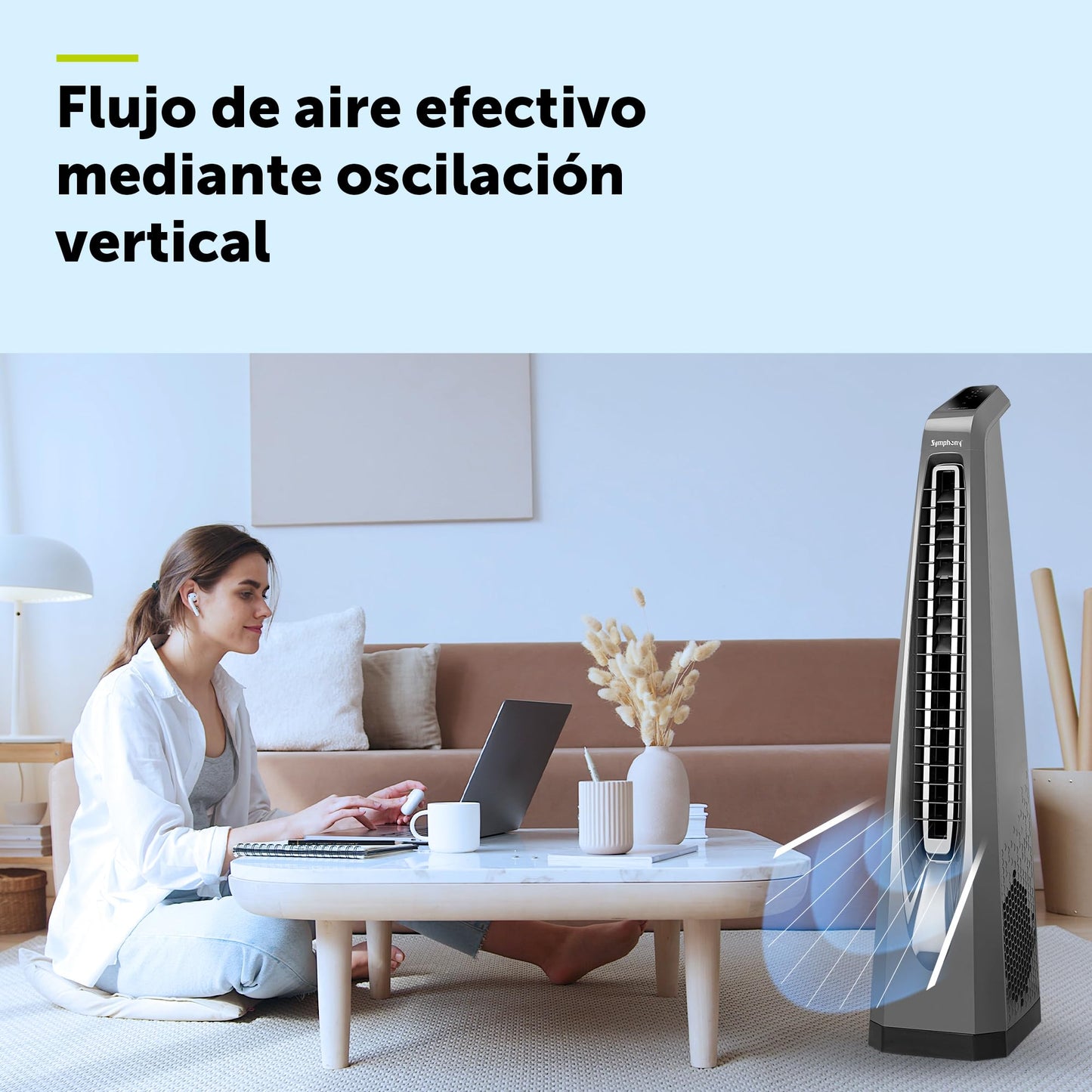 Symphony Surround-i High Speed Bladeless Technology Tower Fan for Home With Touchscreen Control Panel, Remote, and Swivel Action (White) 