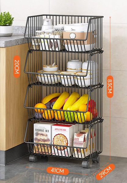 TARKAN 4-Tier Mesh Metal Kitchen Trolley with Wheels, Storage Organizer Rack (Black) 