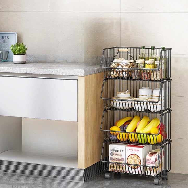 TARKAN 4-Tier Mesh Metal Kitchen Trolley with Wheels, Storage Organizer Rack (Black) 