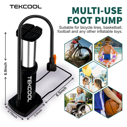 TEKCOOL Bicycle Foot Pump, Manual Air Pump for Bike, Cycle, Football, Basketball, Air Mattress, Multicolour, 449g, Plastic, Includes Multiple Valve Adapters 