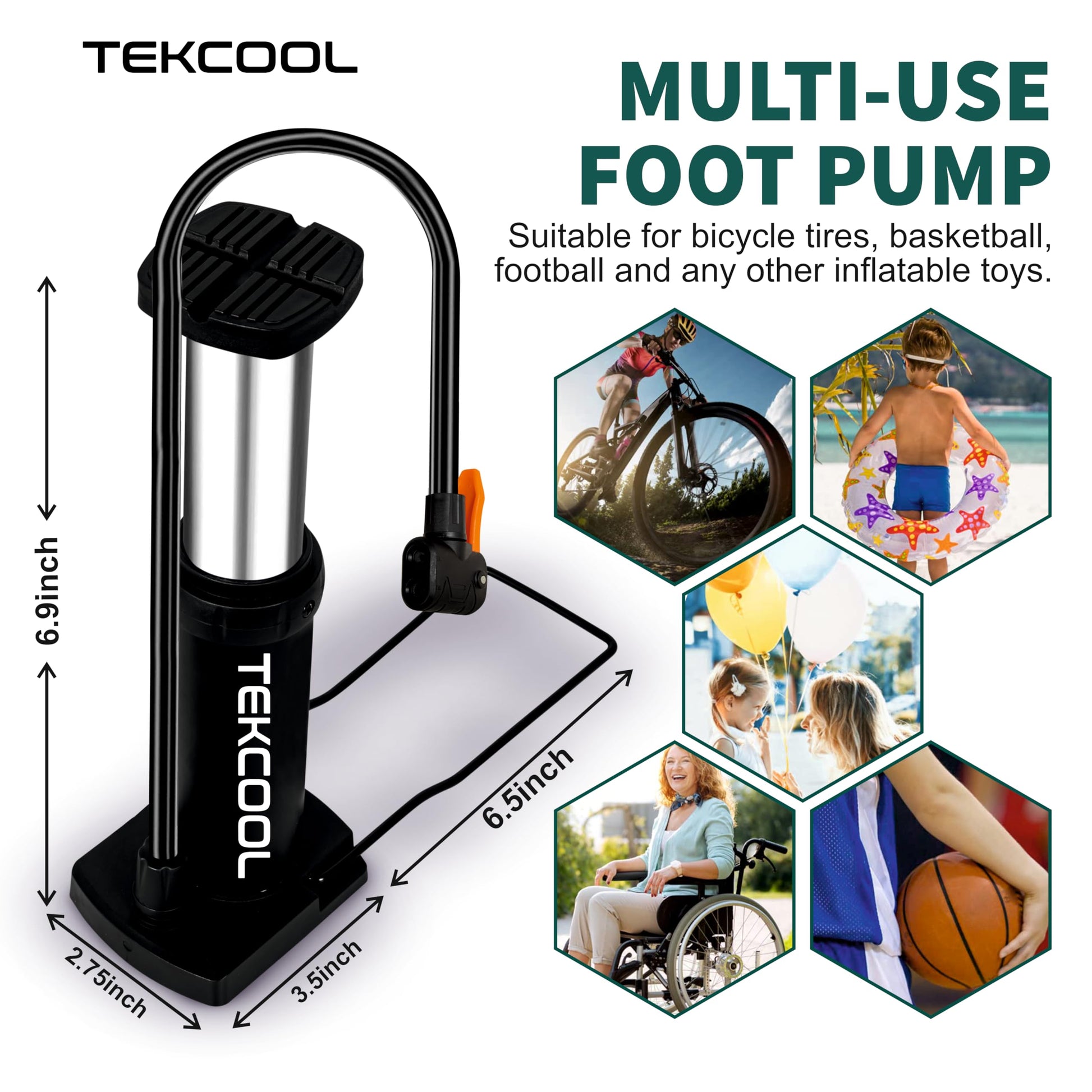 TEKCOOL Bicycle Foot Pump, Manual Air Pump for Bike, Cycle, Football, Basketball, Air Mattress, Multicolour, 449g, Plastic, Includes Multiple Valve Adapters 