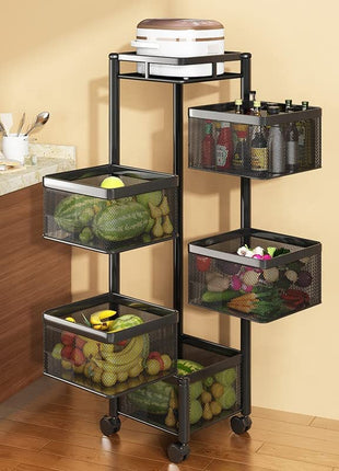 TEX-RO Kitchen Trolley with Wheels, Kitchen Organizer Items and Storage Solutions for Square Kitchen Organizer and Kitchen Accessories Items (Black,Layer 5) Metal 