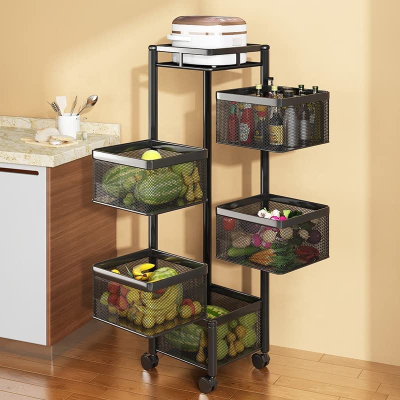 TEX-RO Kitchen Trolley with Wheels, Kitchen Organizer Items and Storage Solutions for Square Kitchen Organizer and Kitchen Accessories Items (Black,Layer 5) Metal