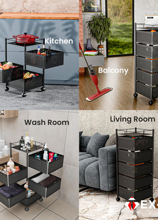 TEX-RO Kitchen Trolley with Wheels, Kitchen Organizer Items and Storage Solutions for Square Kitchen Organizer and Kitchen Accessories Items (Black,Layer 5) Metal 