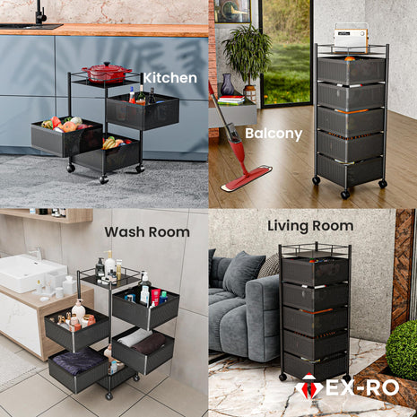 TEX-RO Kitchen Trolley with Wheels, Kitchen Organizer Items and Storage Solutions for Square Kitchen Organizer and Kitchen Accessories Items (Black,Layer 5) Metal 