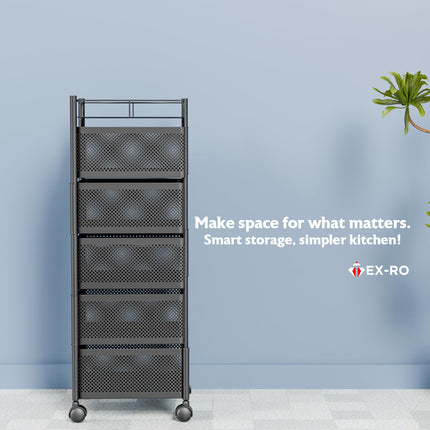 TEX-RO Kitchen Trolley with Wheels, Kitchen Organizer Items and Storage Solutions for Square Kitchen Organizer and Kitchen Accessories Items (Black,Layer 5) Metal 