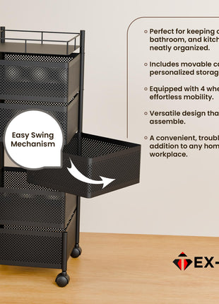 TEX-RO Kitchen Trolley with Wheels, Kitchen Organizer Items and Storage Solutions for Square Kitchen Organizer and Kitchen Accessories Items (Black,Layer 5) Metal 
